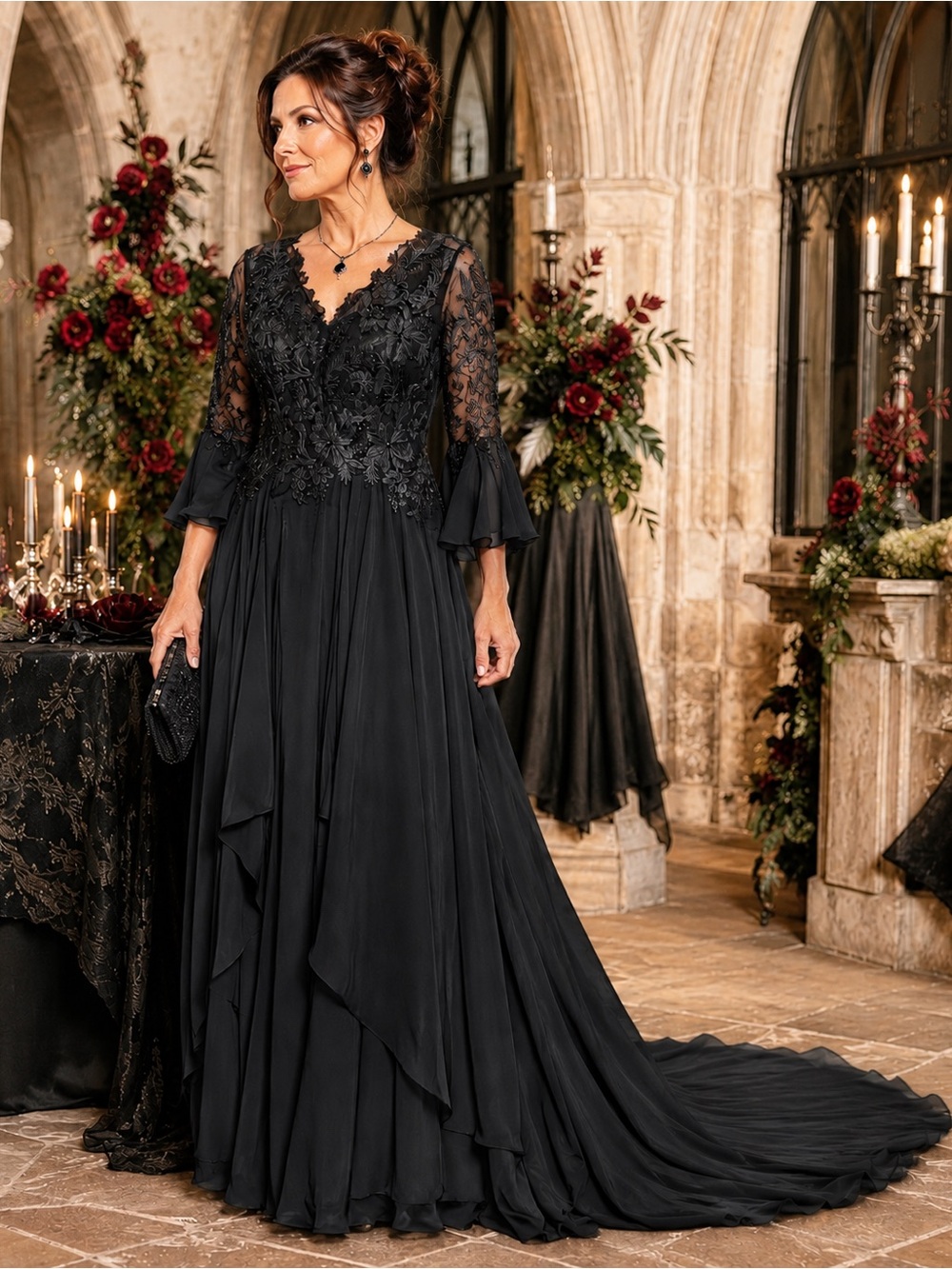 Black Lace Applique Long Sleeve Formal Gown